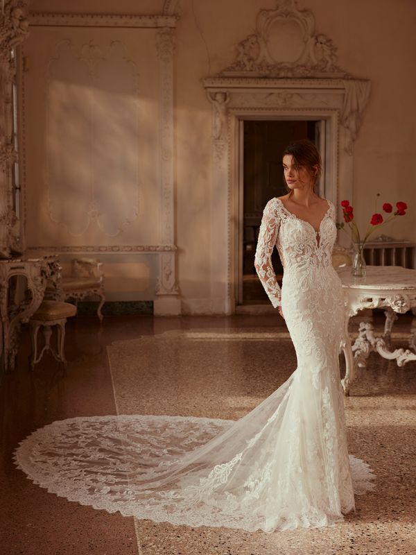 a demetrios collection style 1273 long sleeve mermaid dress